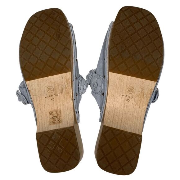Chanel 22P CC Studded Camellia Clog Sandal Light Blue Suede EU 40 US 9-9.5 Mules - Picture 10 of 11